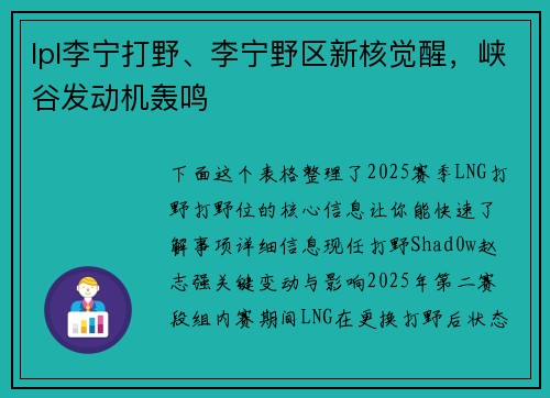 lpl李宁打野、李宁野区新核觉醒，峡谷发动机轰鸣